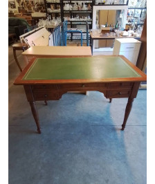 BUREAU PLAT BOIS CLAIR 5 TIROIRS DESSUS CUIR VERT STYLE LOUIS PHILIPPE