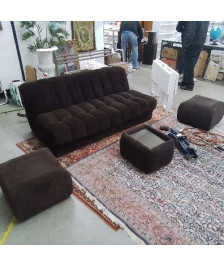 CANAPÉ VINTAGE MARRON + POUF ET TABLE 