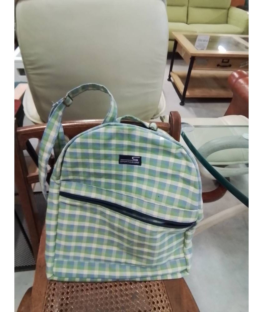 SAC A DOS TISSU CARREAUX BLEU VERT ECRU