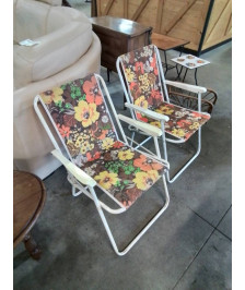 FAUTEUIL DE CAMPING PLIANT MÉTAL ET TISSU FLEURI ANNÉES 70