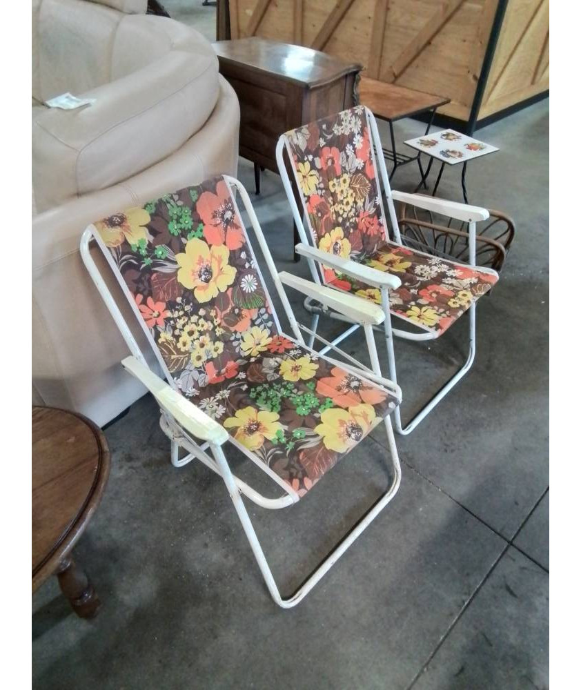 FAUTEUIL DE CAMPING PLIANT MÉTAL ET TISSU FLEURI ANNÉES 70