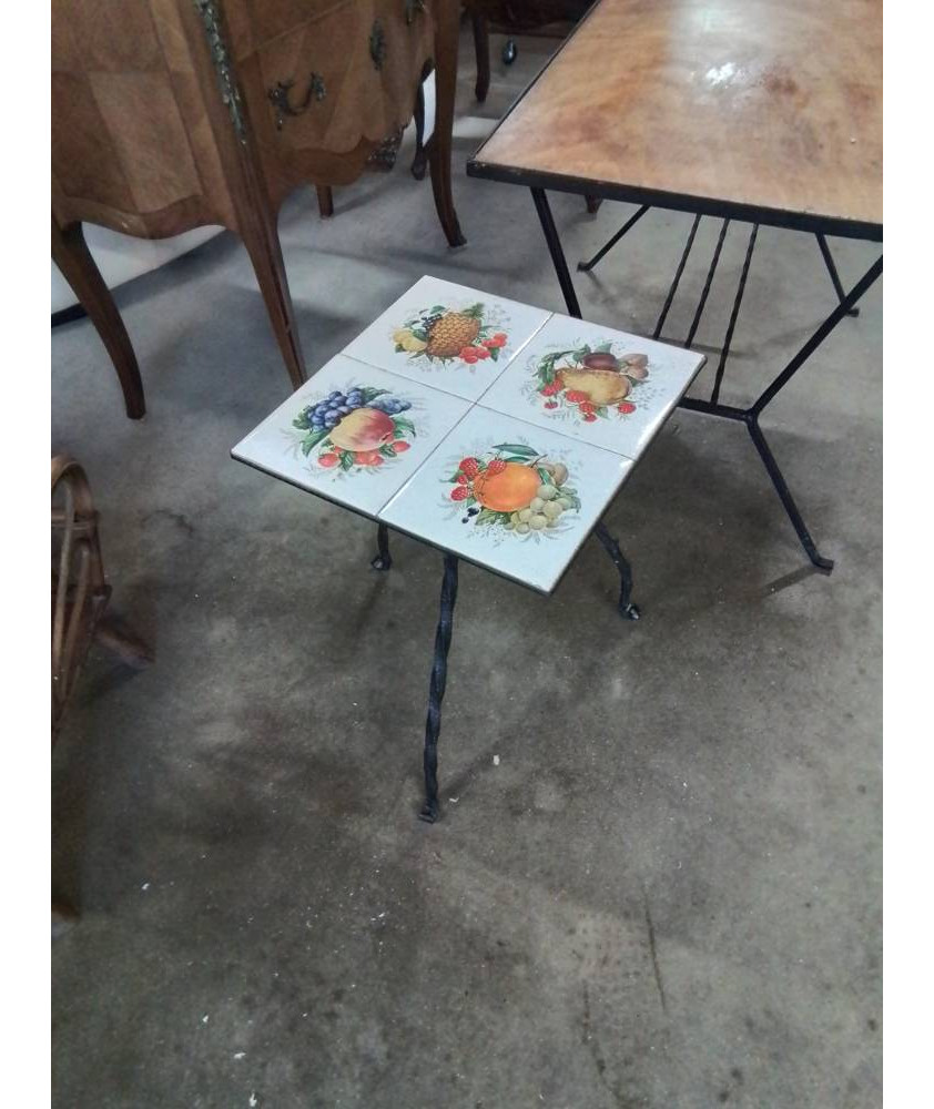 PORTE PLANTE PIÈTEMENT FER FORGÉ PLATEAU CARRELÉ AUX FRUITS ANNÉES 50