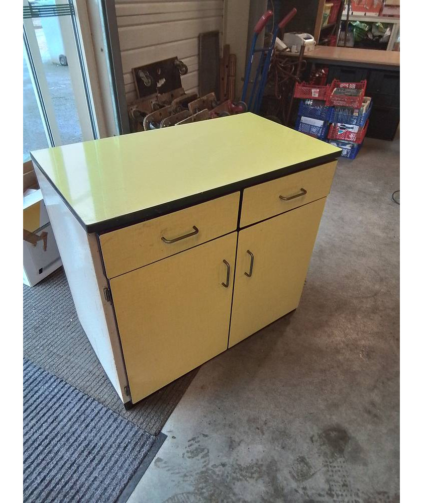 BUFFET FORMICA JAUNE ET MÉTAL BLANC 2 PORTES 2 TIROIRS EN L\'ÉTAT 