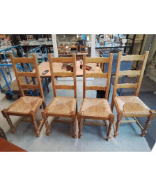 4  CHAISES BOIS PAILLÉ A ENTRETOISE HAUT DOSSIER 3 BARREAUX STYLE REGENCE 