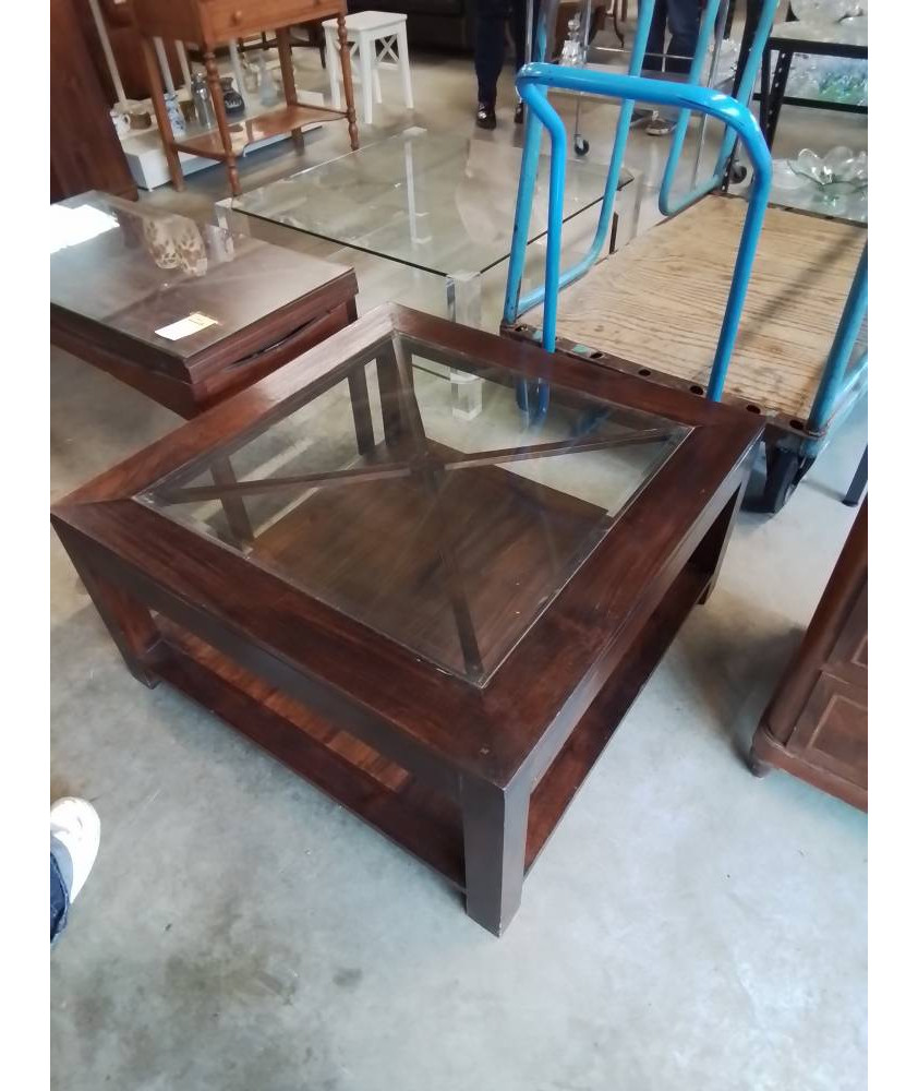 TABLE BASSE CARRÉE BOIS PLATEAU VERRE
