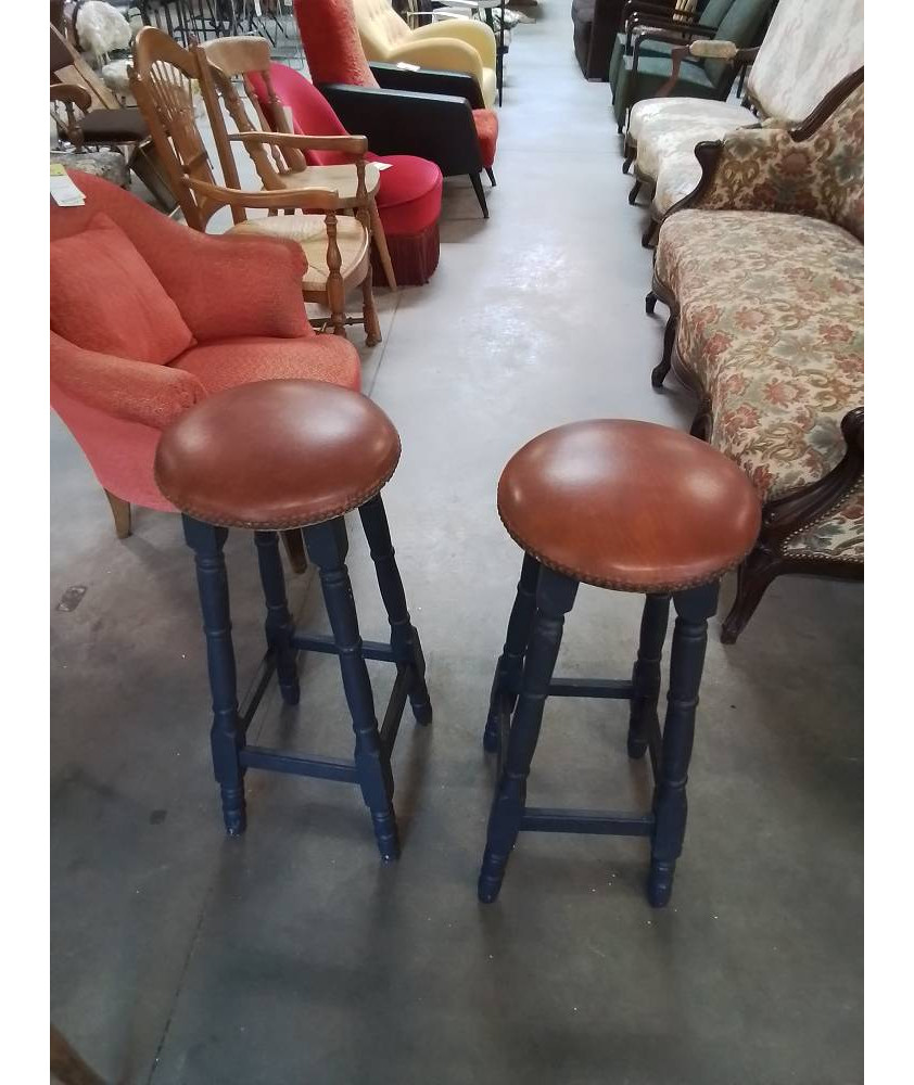 PAIRE DE TABOURETS A COLONNES BOIS PEINT NOIR ASSISE SKAÏ CHOCOLAT 