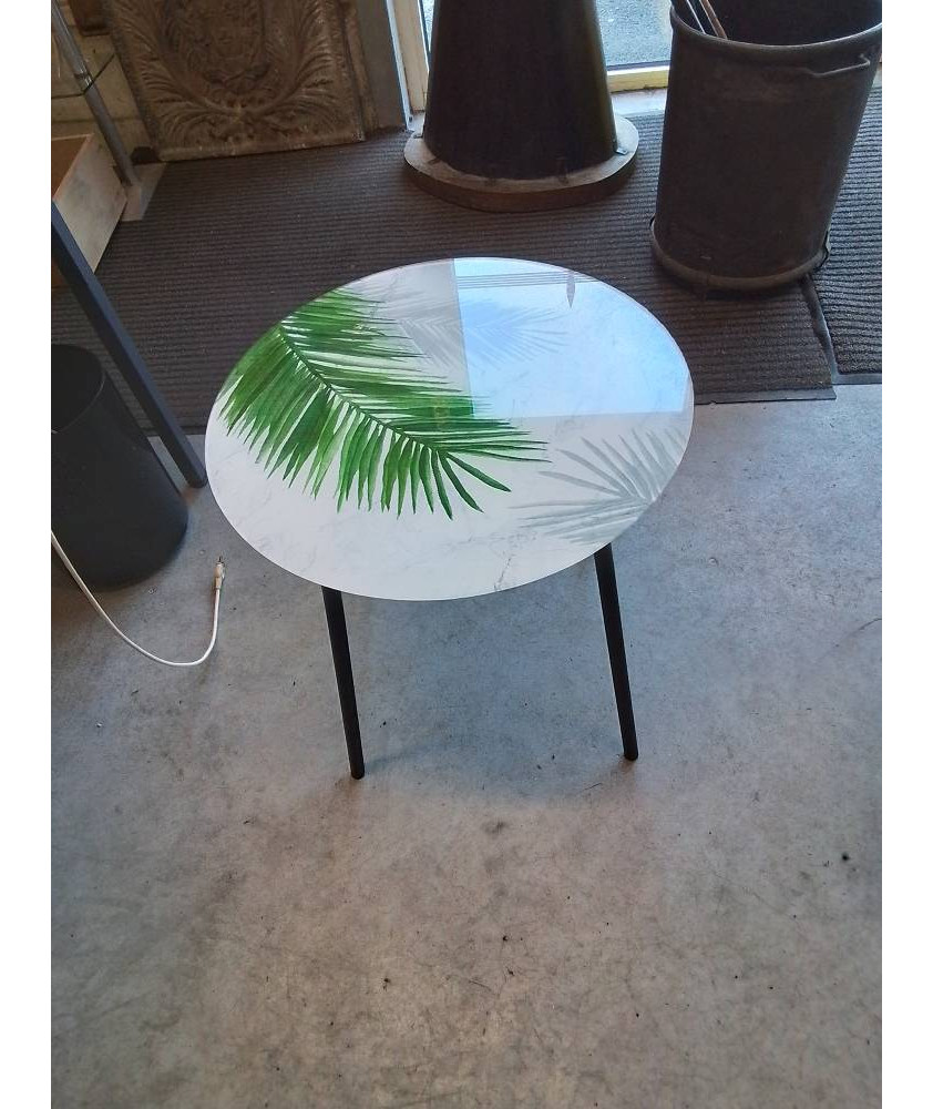 TABLE BASSE RONDE PIÈTEMENT MÉTAL NOIR PLATEAU VERRE DÉCOR FEUILLAGES 