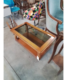 TABLE BASSE RECTANGULAIRE BOIS CLAIR 2 NIVEAUX DESSUS PLATEAU VERRE 