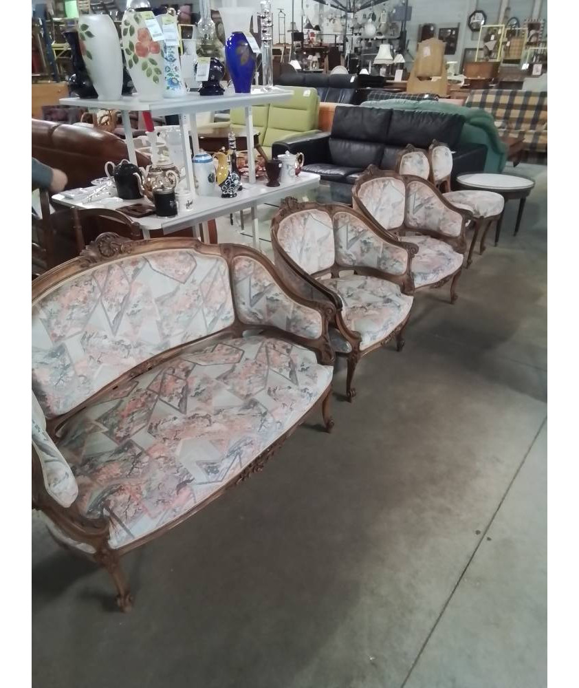 SALON 5 PIÈCES BOIS CAPITONNÉ TISSU STYLE LOUIS XV FIN XIXE 