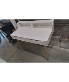 BUREAU BLANC 2 TIROIRS PIEDS BOIS 
