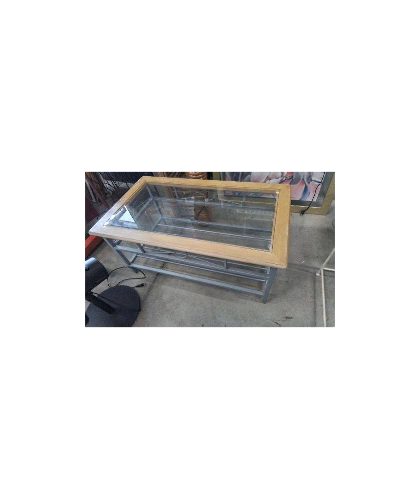 TABLE BASSE FER BOIS ET DESSUS VERRE 