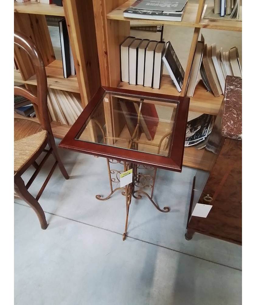 CONSOLE CARRÉE PIÈTEMENT MÉTAL OCRE DESSUS BOIS ET VERRE