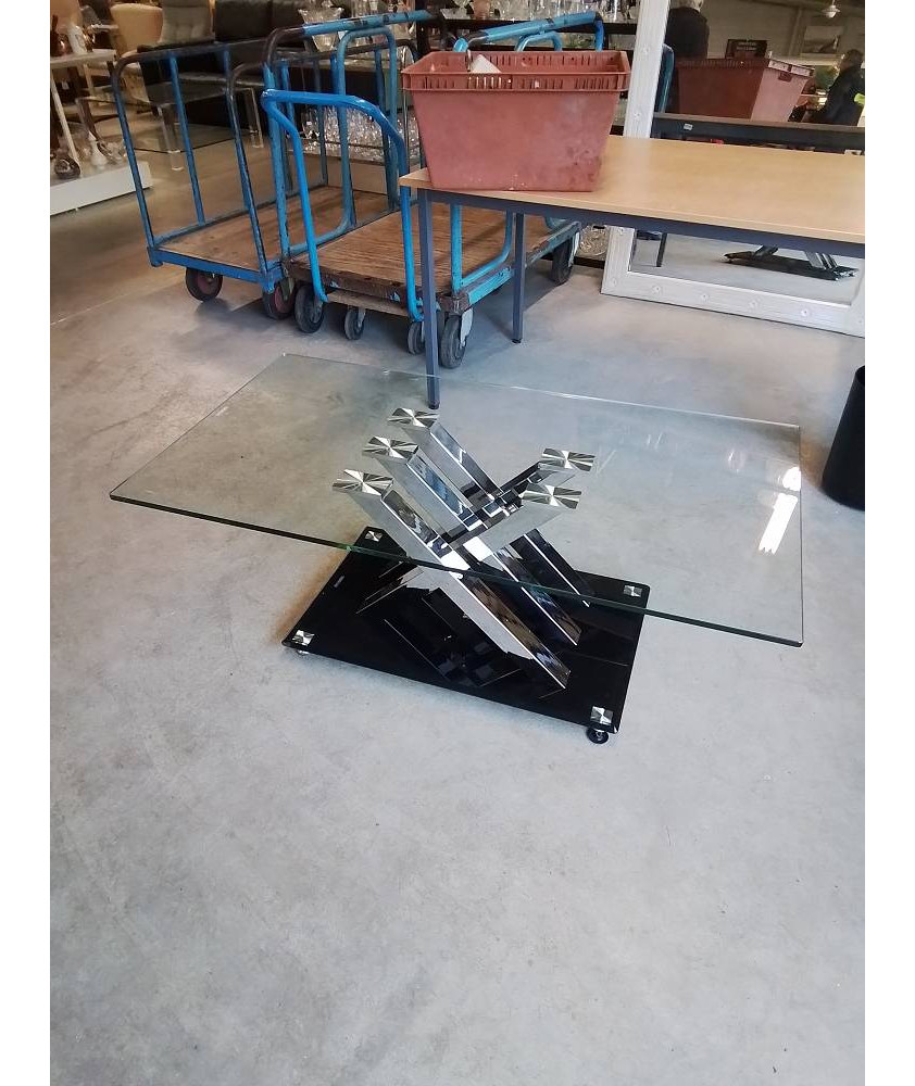 TABLE BASSE RECTANGULAIRE PIETEMENT MÉTAL CHROMÉ PLATEAUX VERRE 