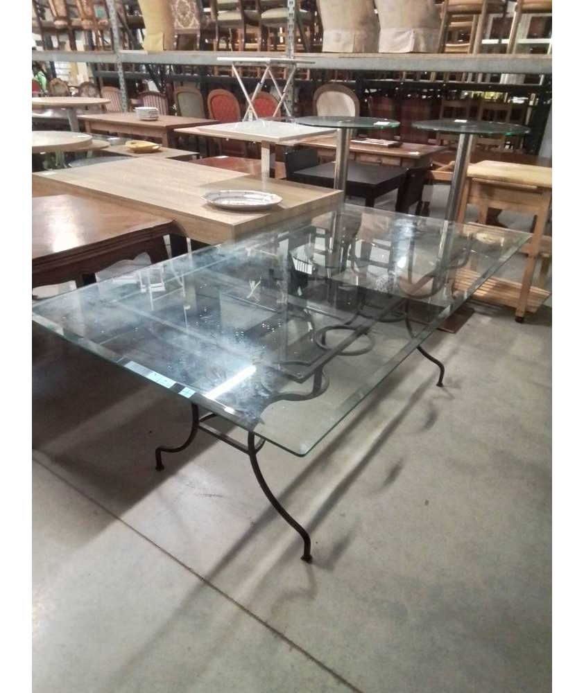 TABLE RECTANGULAIRE PIÈTEMENT FER FORGÉ MARRON PLATEAU VERRE 180X100X74CM