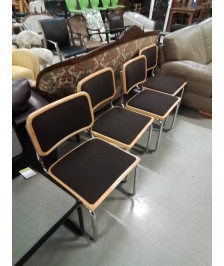 4 CHAISES PIÈTEMENT MÉTAL CHROMÉ ASSISE ET DOSSIER BOIS CLAIR CAPITONNÉ TISSU CHOCOLAT ITALIE 