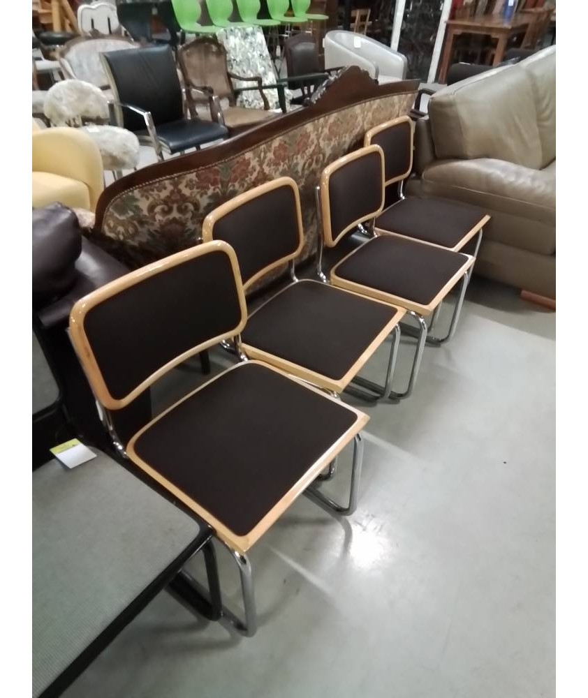 4 CHAISES PIÈTEMENT MÉTAL CHROMÉ ASSISE ET DOSSIER BOIS CLAIR CAPITONNÉ TISSU CHOCOLAT ITALIE 