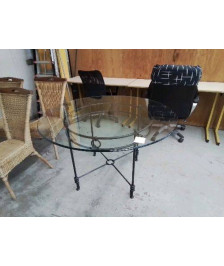 TABLE RONDE FER FORGÉ PLATEAU EN VERRE 