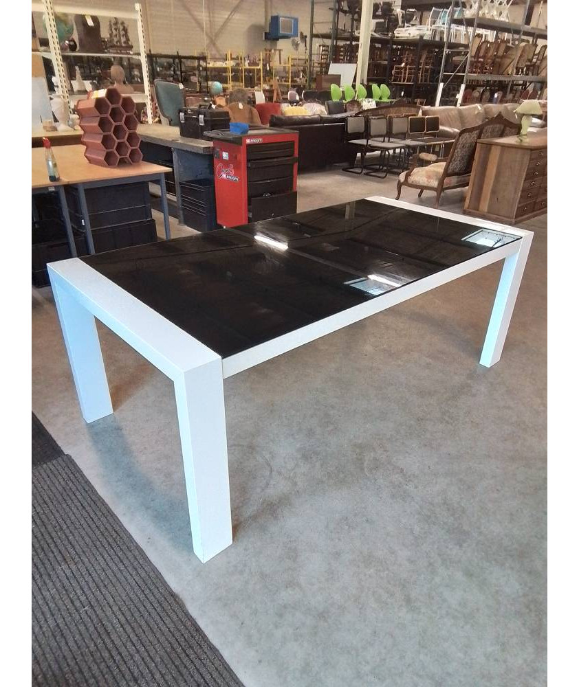 TABLE RECTANGULAIRE PIÈTEMENT BOIS BLANC PLATEAU VERRE NOIR CALLIGARIS 200X100X75CM