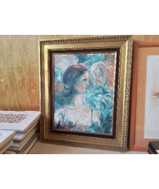 TABLEAU  GUACHE ’ LA FEMME EN BLEUE ET ROSE’