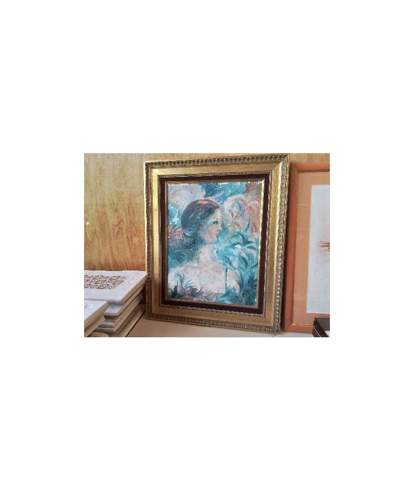 TABLEAU  GUACHE ’ LA FEMME EN BLEUE ET ROSE’