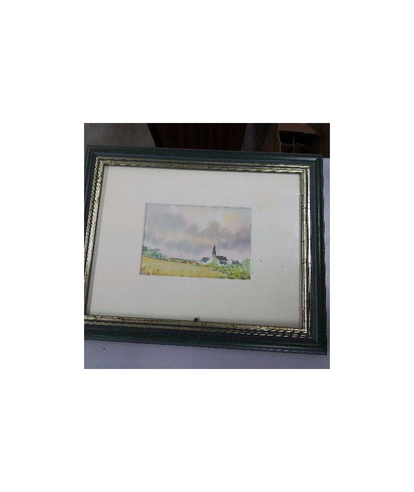 AQUARELLE PAYSAGE AVEC UNE EGLISE