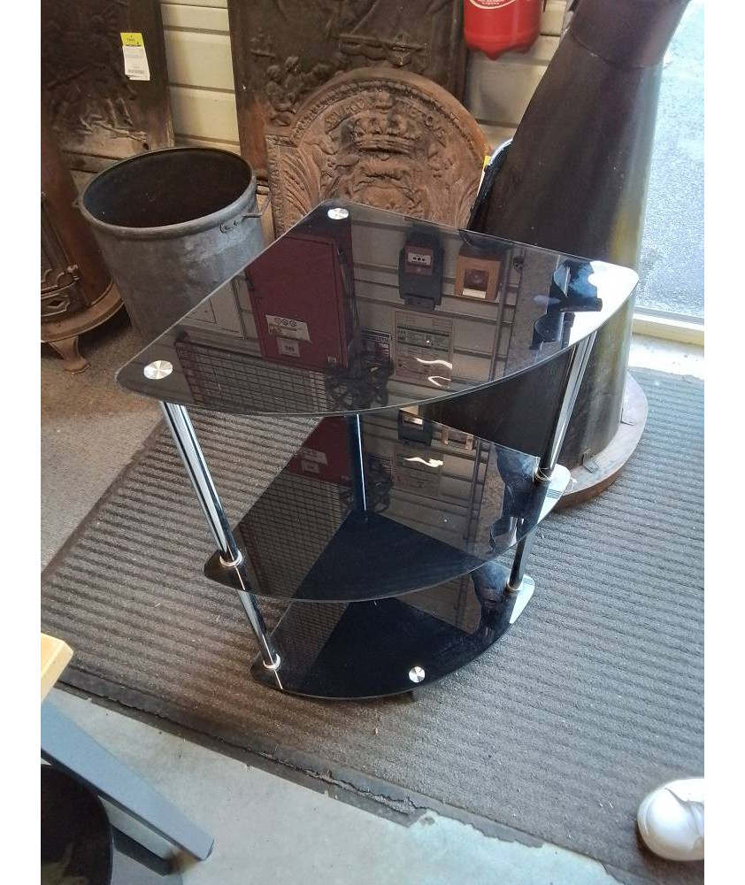 ÉTAGÈRE D’ANGLE 3 NIVEAUX VERRE NOIR ET MÉTAL CHROMÉ 