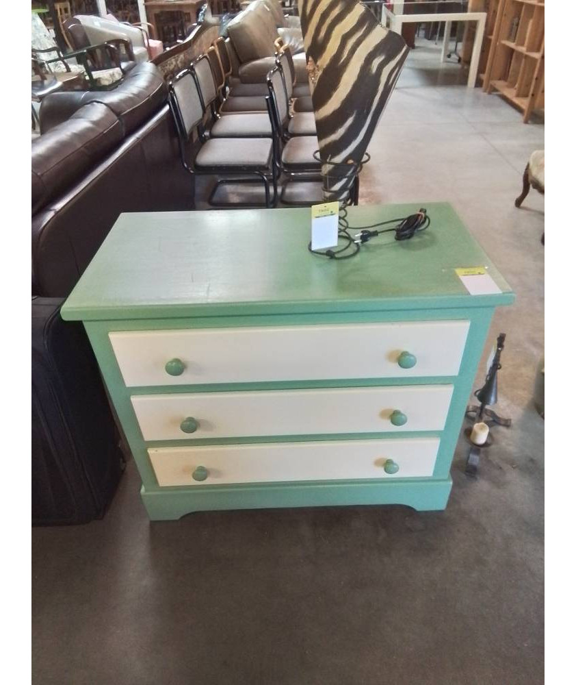 COMMODE BOIS PEINT VERT ET ECRU 3 TIROIRS 