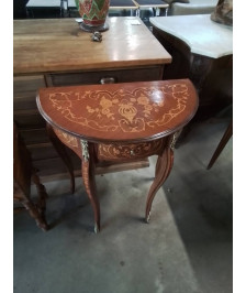 CONSOLE DEMI LUNE BOIS DE ROSE MARQUETÉ 1 TIROIR STYLE LOUIS XVI 