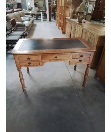 BUREAU PLAT BOIS CLAIR 4 TIROIRS DESSUS CUIR NOIR STYLE LOUIS PHILIPPE 