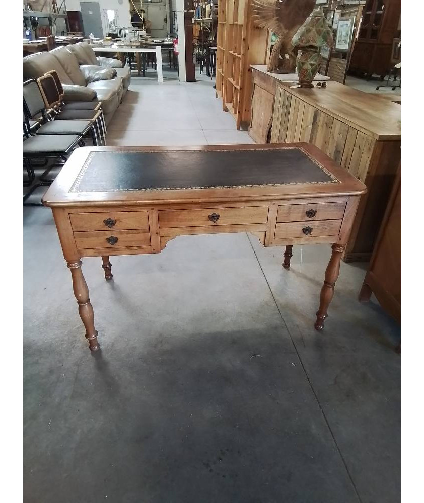 BUREAU PLAT BOIS CLAIR 4 TIROIRS DESSUS CUIR NOIR STYLE LOUIS PHILIPPE 