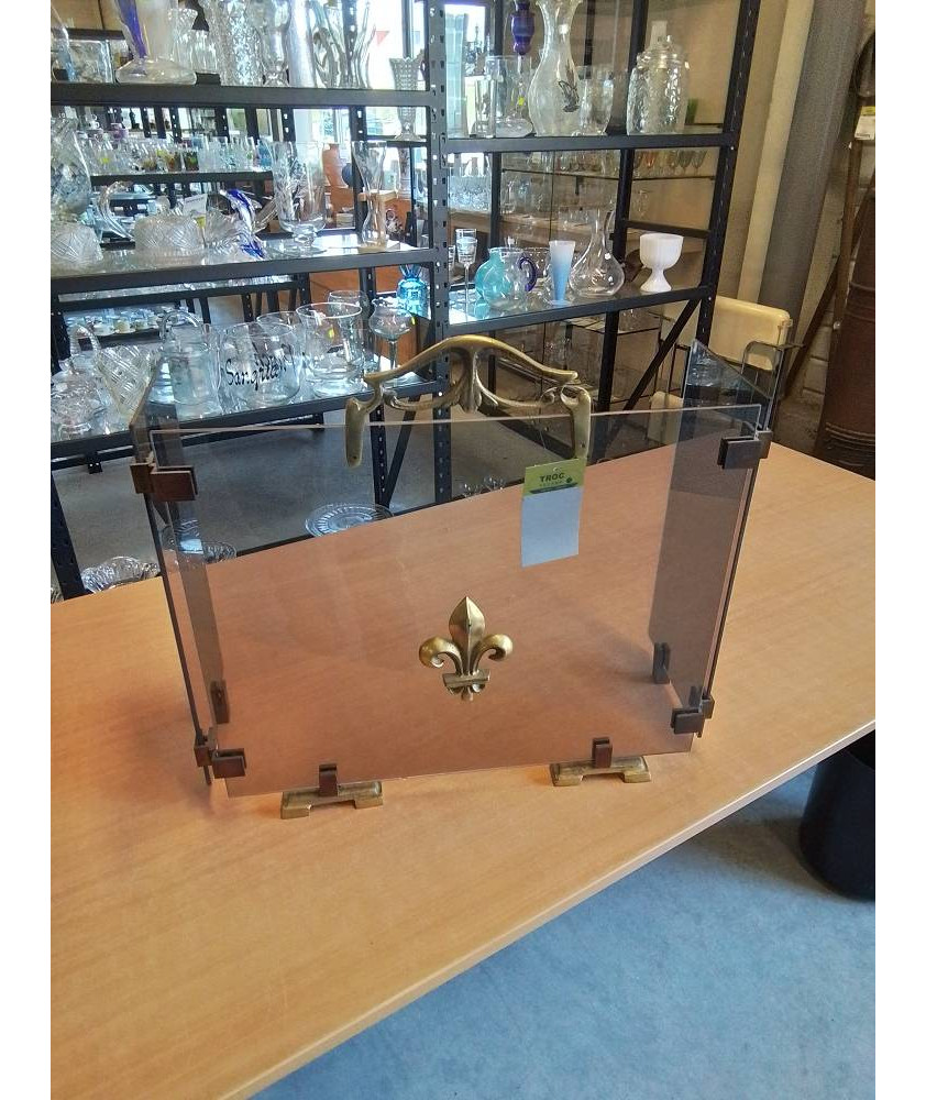 PARE FEU DE CHEMINÉE 3 VANTAUX VERRE TEINTÉ ET MÉTAL DORÉ A LA FLEUR DE LYS