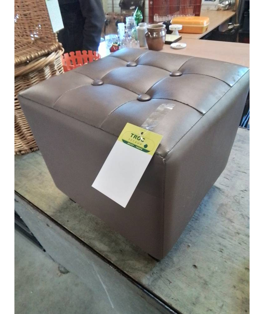 POUF  CARRÉ PU GRIS PIEDS BOIS NOIR