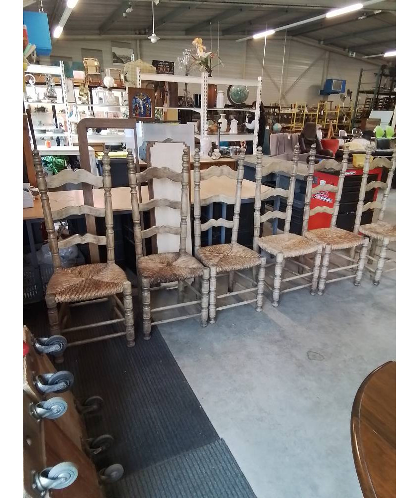6 CHAISES PAYSANNE BOIS TOURNÉ ASSISE PAILLÉE HAUT DOSSIER MOUSTACHE 