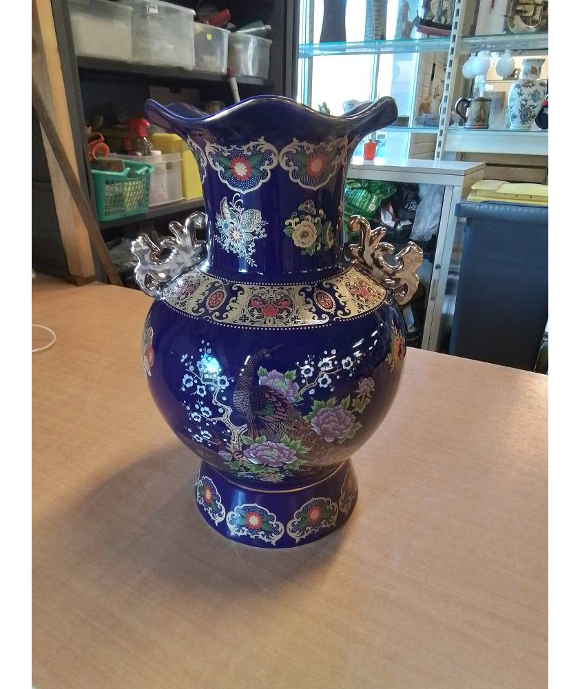VASE CÉRAMIQUE BLEU ET DORÉ DÉCOR AU PAON ET LOTUS STYLE ASIATIQUE 44,5CM 