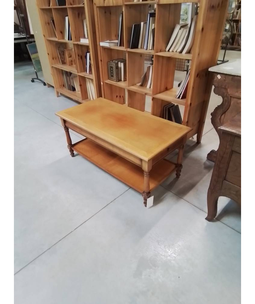 TABLE BASSE RECTANGULAIRE BOIS CLAIR A COLONNES 2 TIROIRS 