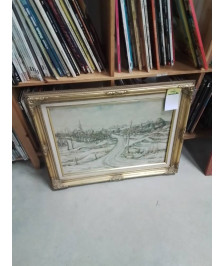 HUILE SUR PANNEAU VILLAGE ST CAST LA ROUTE DU BOURG EN HIVER E.G BELLET