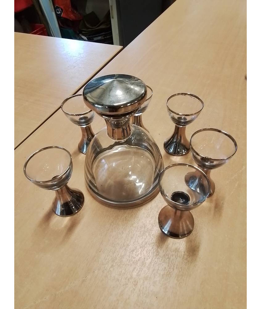 SERVICE 7 PIÈCES VERRE SOUFFLÉ ET TEINTÉ ARGENTÉ ART DÉCO 
