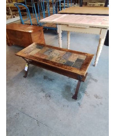 TABLE BASSE RECTANGULAIRE 2 NIVEAUX PIÈTEMENT FER FORGÉ PLATEAUX BOIS DESSUS CARRELÉ ANNÉES 50