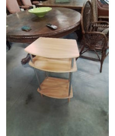 CONSOLE A COLONNES MÉTAL CHROMÉ 3 TABLETTES BOIS CLAIR