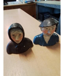 COUPLE BUSTE HOMME ET FEMME PLÂTRE PEINT M.BRUNET DÉBUT XXE