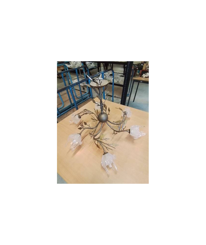 SUSPENSION MÉTAL AUX FEUILLES ET VERRE 6 FEUX 