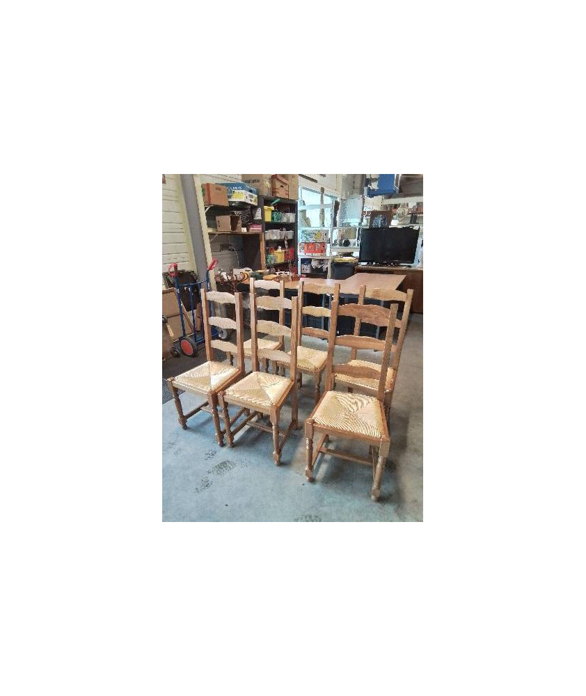 6 CHAISES BOIS CLAIR PAILLÉ A ENTRETOISE DOSSIER 3 BARREAUX
