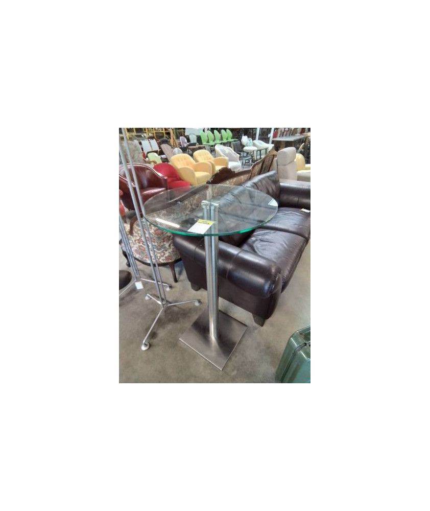 TABLE MANGE DEBOUT ROND PIÈTEMENT MÉTAL BROSSÉ PLATEAU VERRE