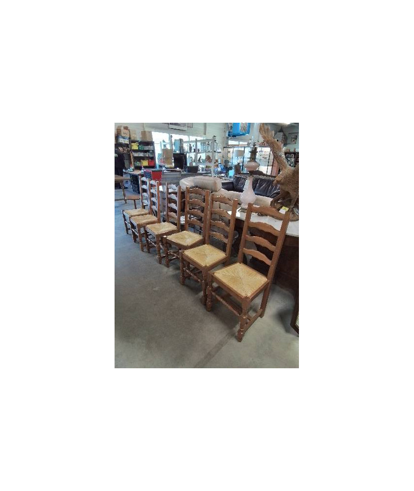 6 CHAISES BOIS PAILLÉ A ENTRETOISE CHÊNE CLAIR DOSSIER 4 BARREAUX 