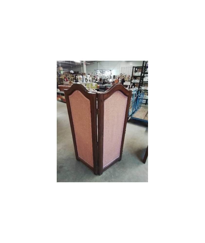 PARAVENT 3 FEUILLES BOIS CINTRE CAPITONNÉ TISSU ROSE 