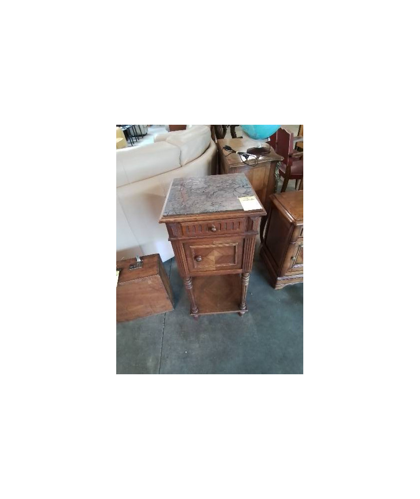 CHEVET A COLONNES BOIS MOULURÉ 1 TIROIR 1 PORTE DESSUS MARBRE GRIS FIN XIXE