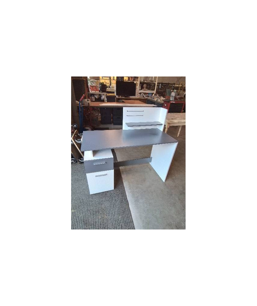 BUREAU RECTANGULAIRE BOIS GRIS ET BLANC 1 TABLETTE 1 TIROIR 1 PORTE