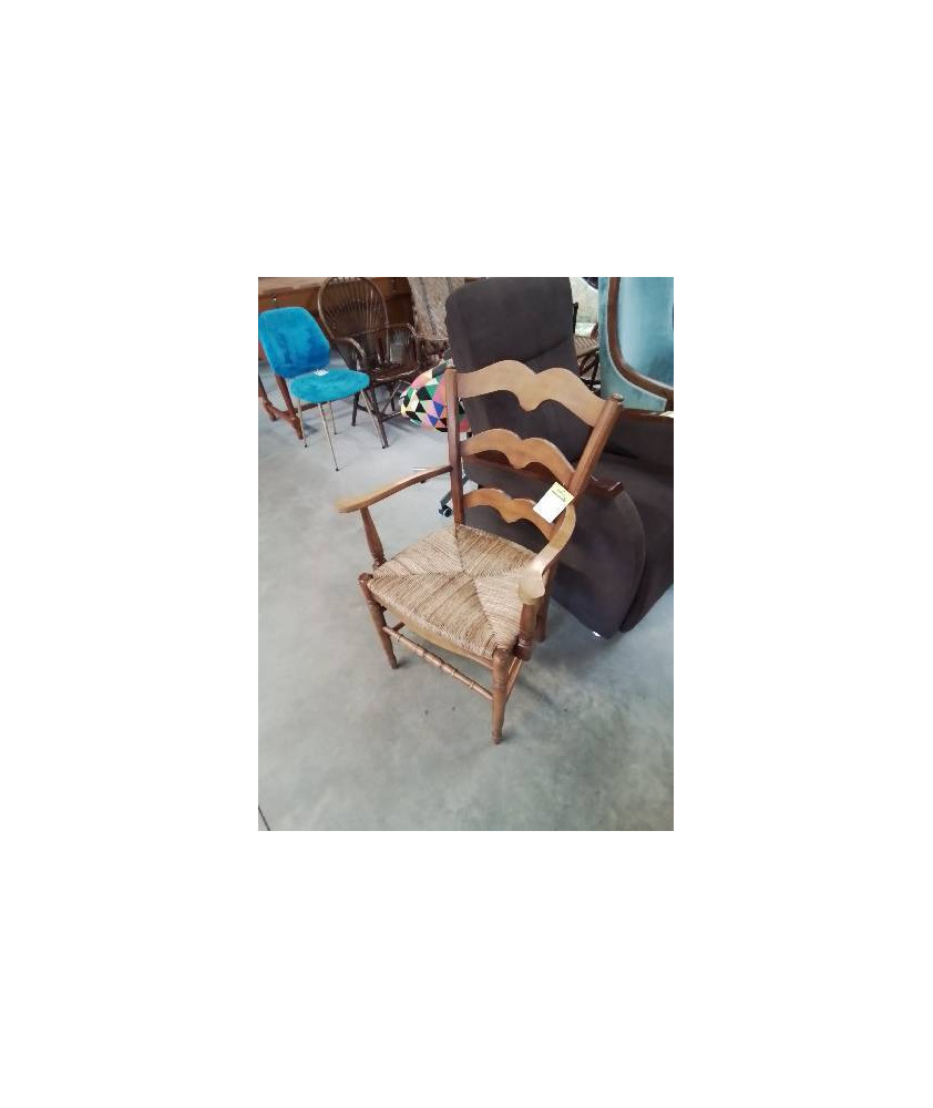 FAUTEUIL DE CHEMINÉE BOIS CLAIR PAILLÉ DOSSIER MOUSTACHE 