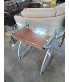 BUREAU INFORMATIQUE MÉTAL GRIS 1 TABLETTE BOIS PLATEAU VERRE