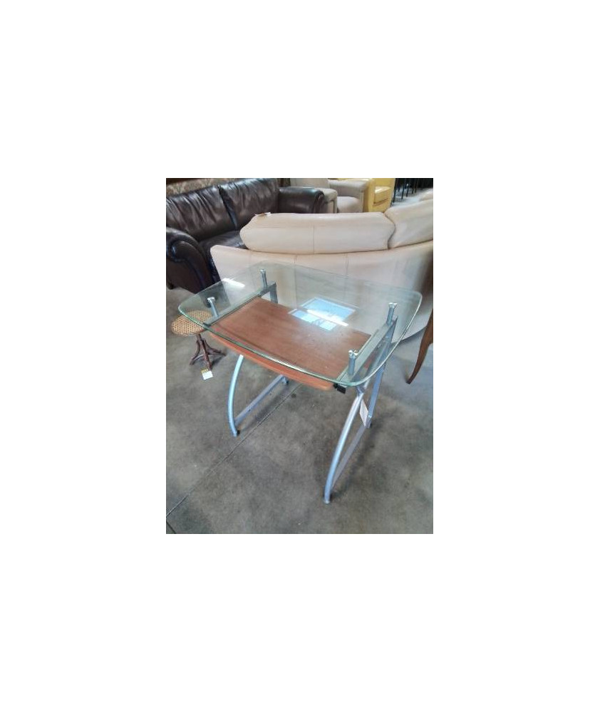 BUREAU INFORMATIQUE MÉTAL GRIS 1 TABLETTE BOIS PLATEAU VERRE